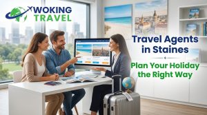 Travel agents in Staines helping couple plan holiday at desk